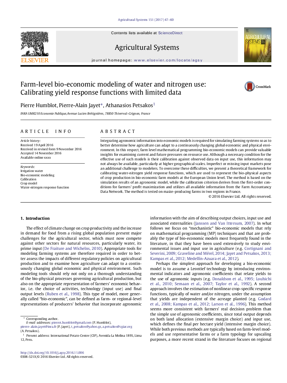 Farm-level bio-economic modeling of water and nitrogen use: Calibrating yield response functions with limited data