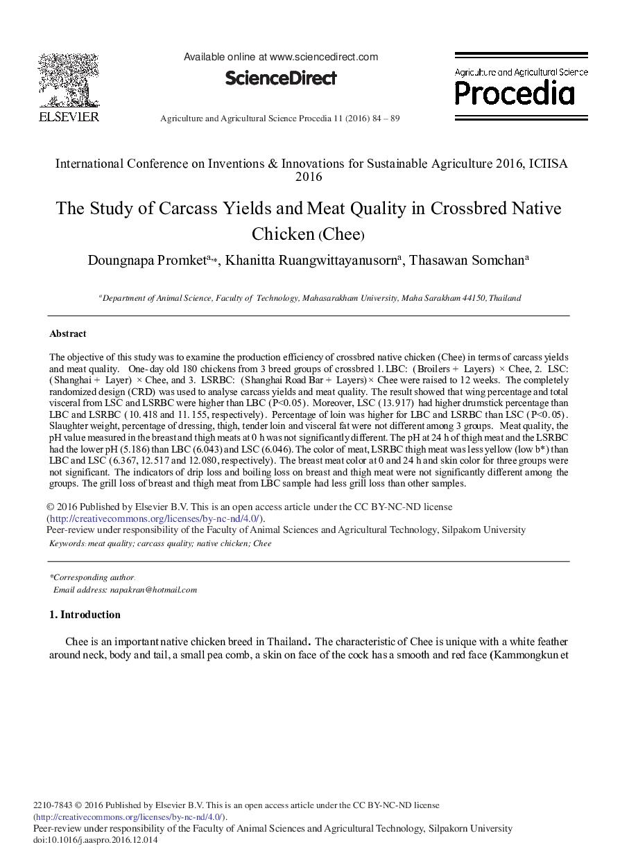 The Study of Carcass Yields and Meat Quality in Crossbred Native Chicken (Chee)