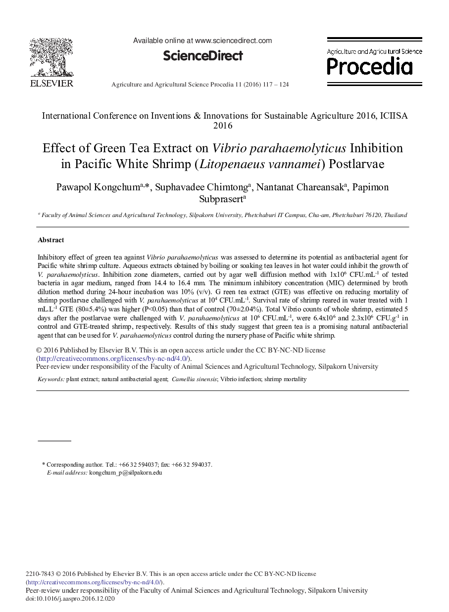 Effect of Green Tea Extract on Vibrio Parahaemolyticus Inhibition in Pacific White Shrimp (Litopenaeus Vannamei) Postlarvae