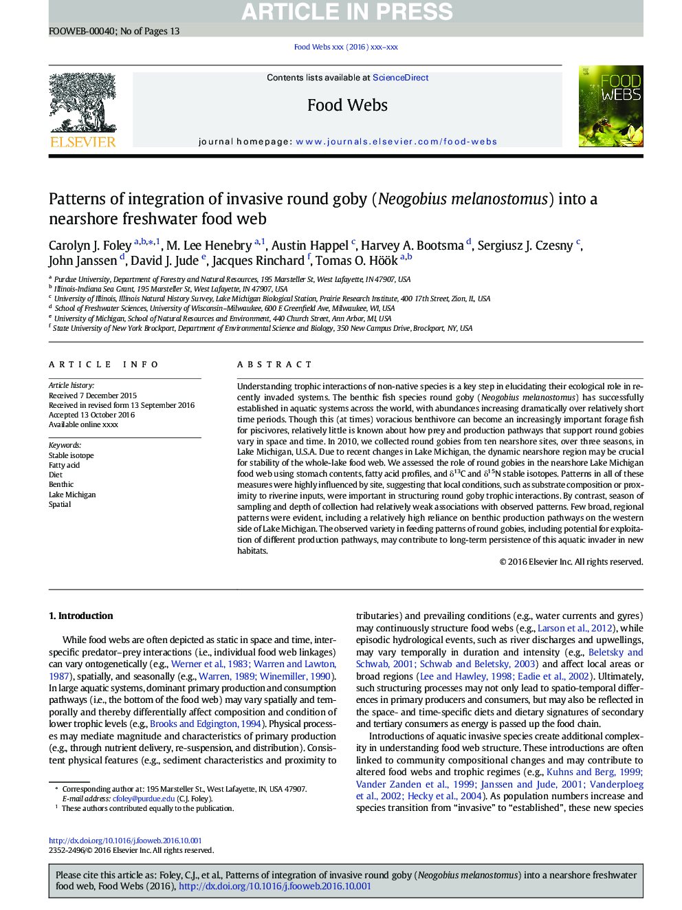 Patterns of integration of invasive round goby (Neogobius melanostomus) into a nearshore freshwater food web