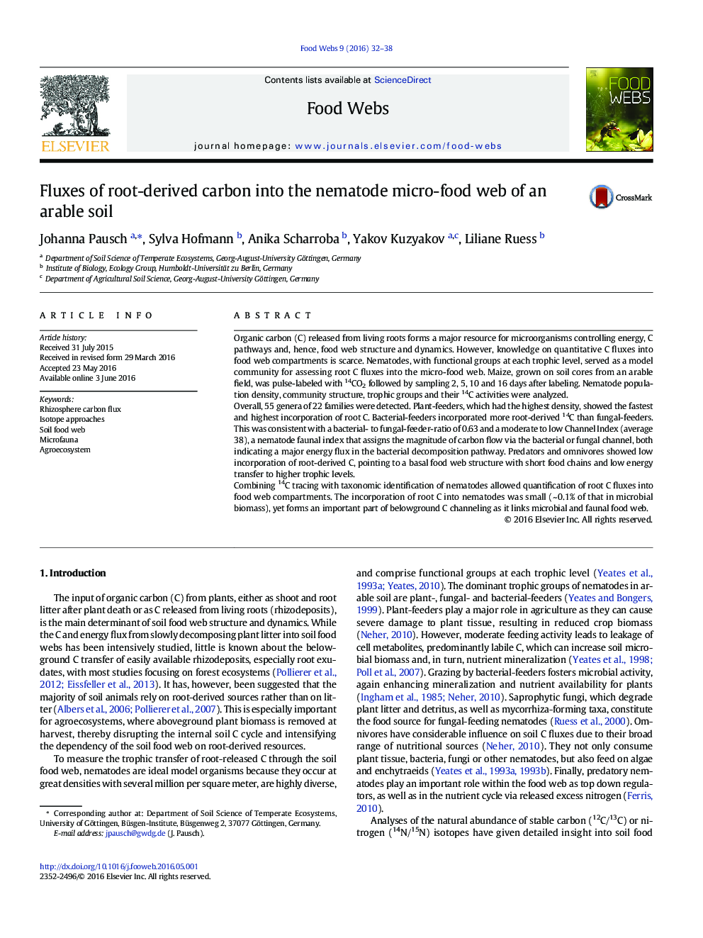 Fluxes of root-derived carbon into the nematode micro-food web of an arable soil