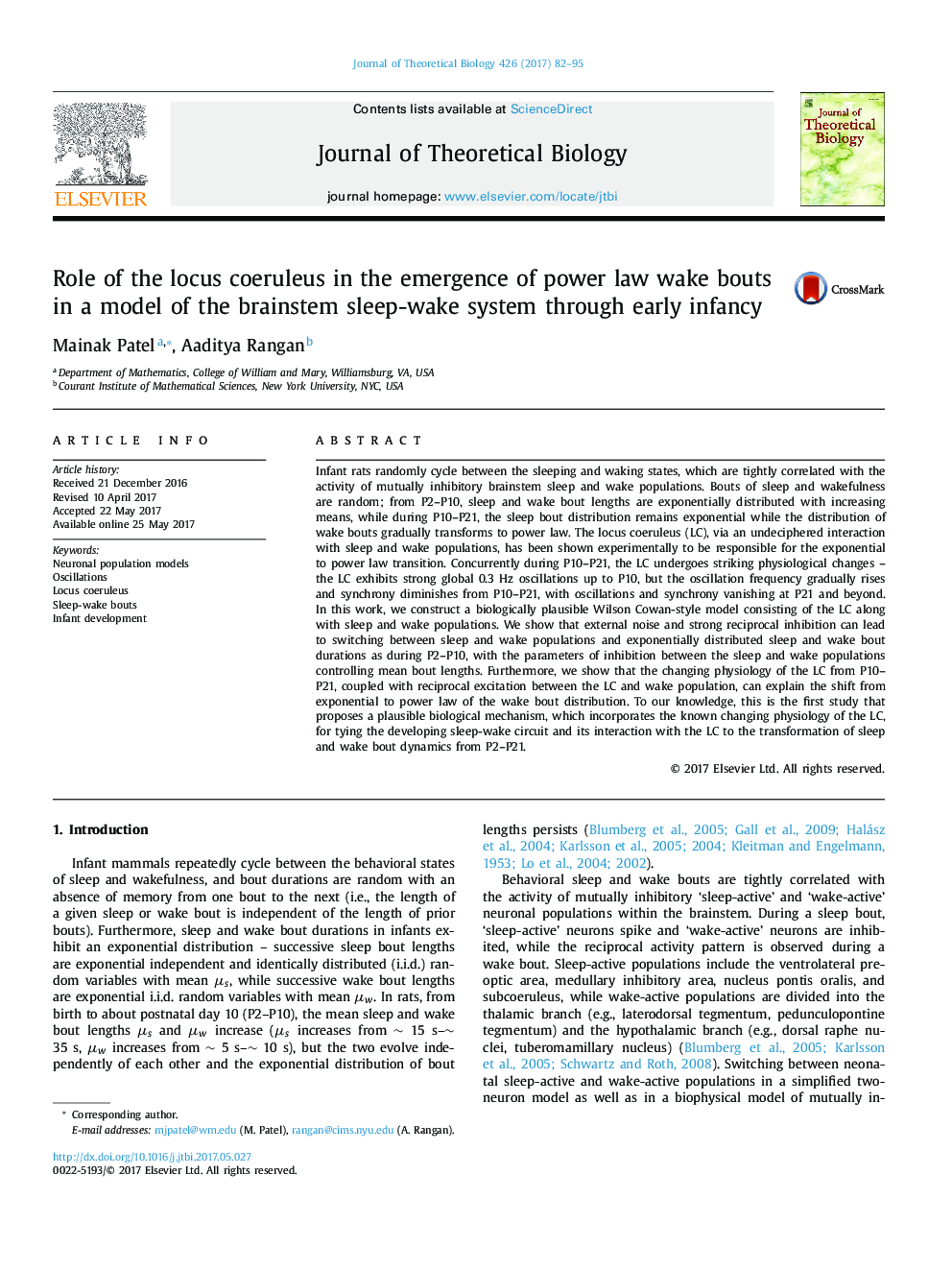 Role of the locus coeruleus in the emergence of power law wake bouts in a model of the brainstem sleep-wake system through early infancy