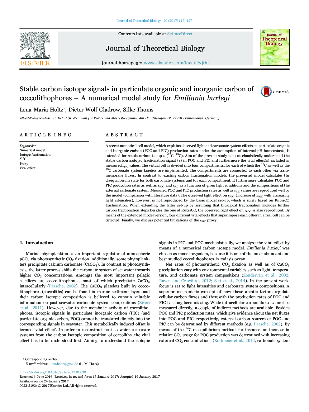 Stable carbon isotope signals in particulate organic and inorganic carbon of coccolithophores - A numerical model study for Emiliania huxleyi