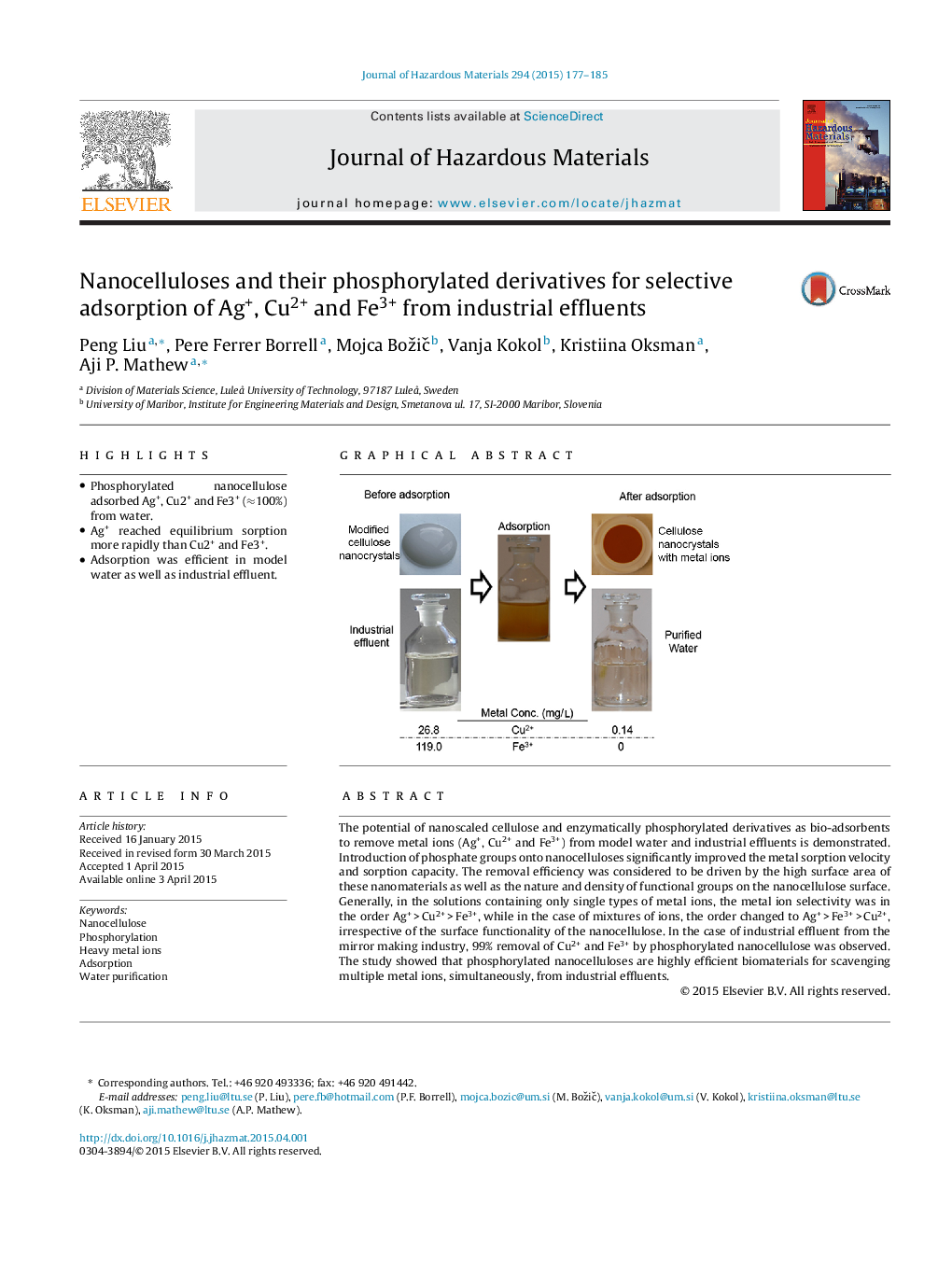 Nanocelluloses and their phosphorylated derivatives for selective adsorption of Ag+, Cu2+ and Fe3+ from industrial effluents