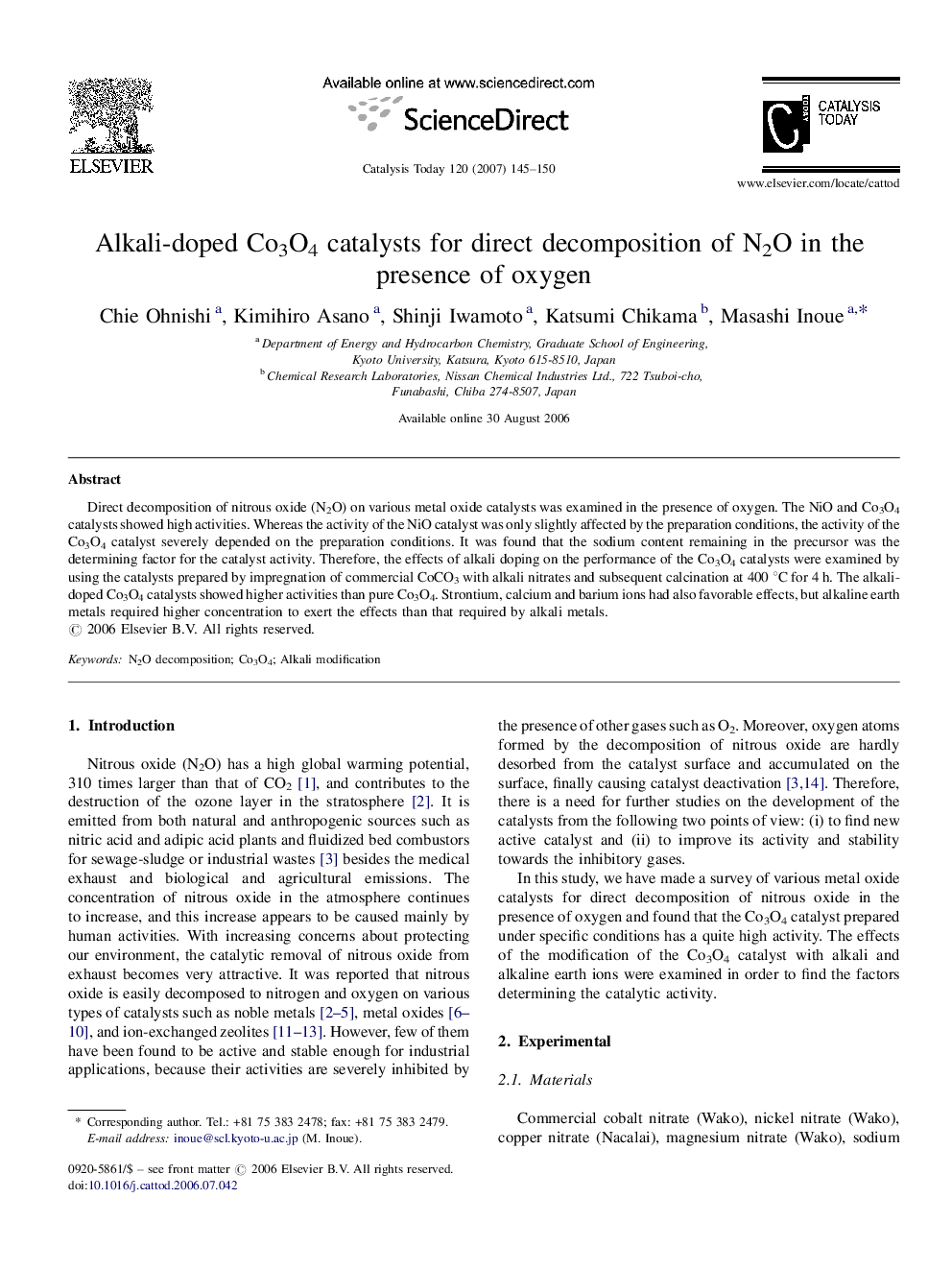 Alkali-doped Co3O4 catalysts for direct decomposition of N2O in the presence of oxygen