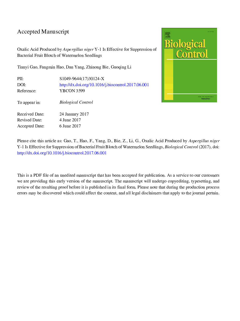 Oxalic acid produced by Aspergillus niger Y-1 is effective for suppression of bacterial fruit blotch of watermelon seedlings