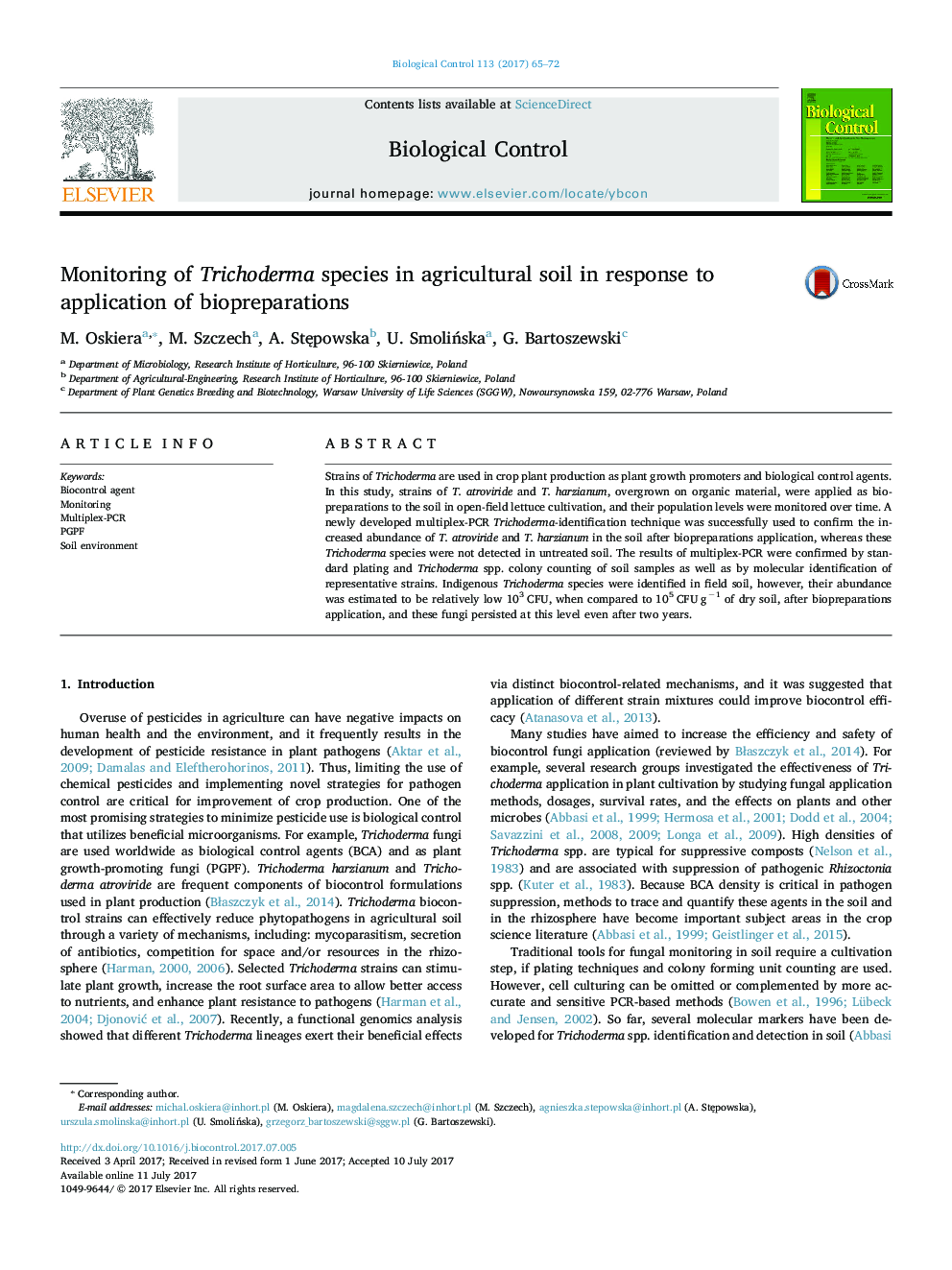 Monitoring of Trichoderma species in agricultural soil in response to application of biopreparations
