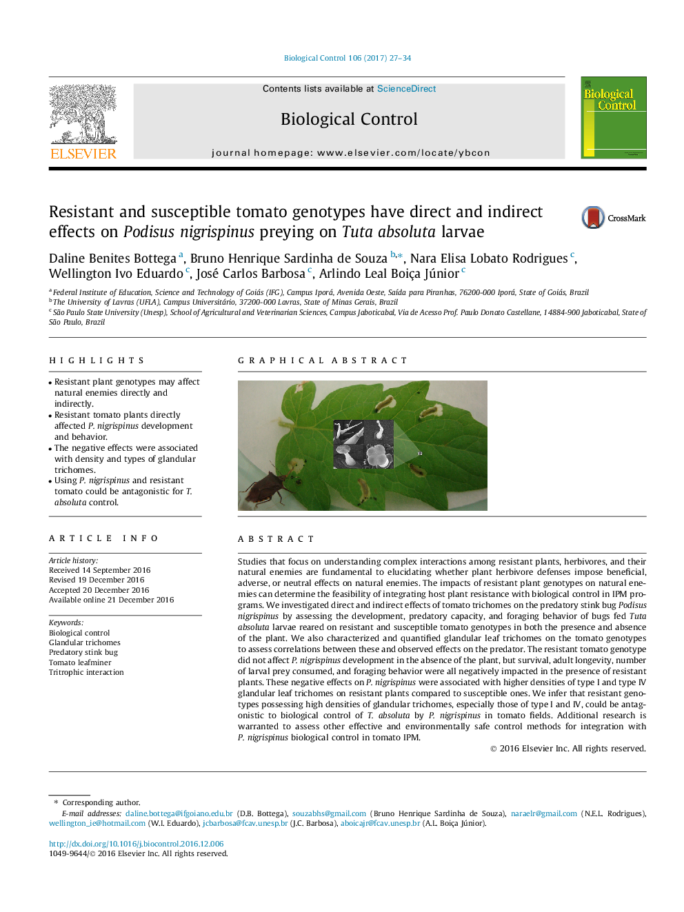 Resistant and susceptible tomato genotypes have direct and indirect effects on Podisus nigrispinus preying on Tuta absoluta larvae