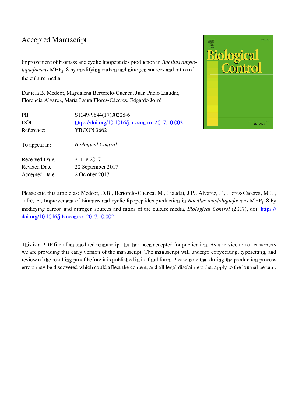 Improvement of biomass and cyclic lipopeptides production in Bacillus amyloliquefaciens MEP218 by modifying carbon and nitrogen sources and ratios of the culture media