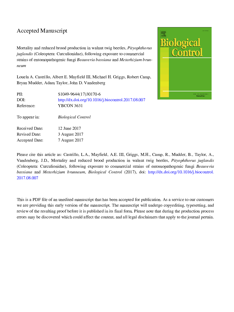 Mortality and reduced brood production in walnut twig beetles, Pityophthorus juglandis (Coleoptera: Curculionidae), following exposure to commercial strains of entomopathogenic fungi Beauveria bassiana and Metarhizium brunneum