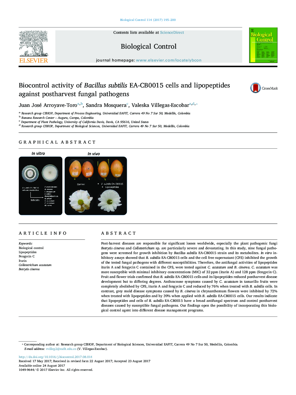 فعالیت Biocontrol از سلول های Bacillus subtilis EA-CB0015 و لیپوپپتیدها در برابر عفونت های قارچی پس از زایمان