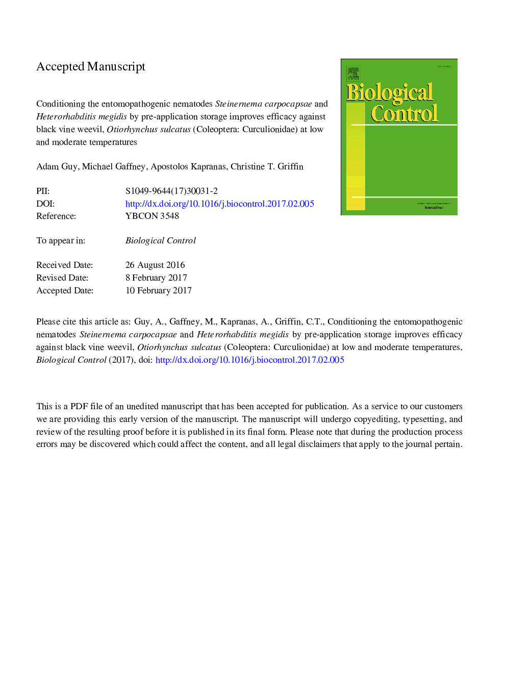 Conditioning the entomopathogenic nematodes Steinernema carpocapsae and Heterorhabditis megidis by pre-application storage improves efficacy against black vine weevil, Otiorhynchus sulcatus (Coleoptera: Curculionidae) at low and moderate temperatures