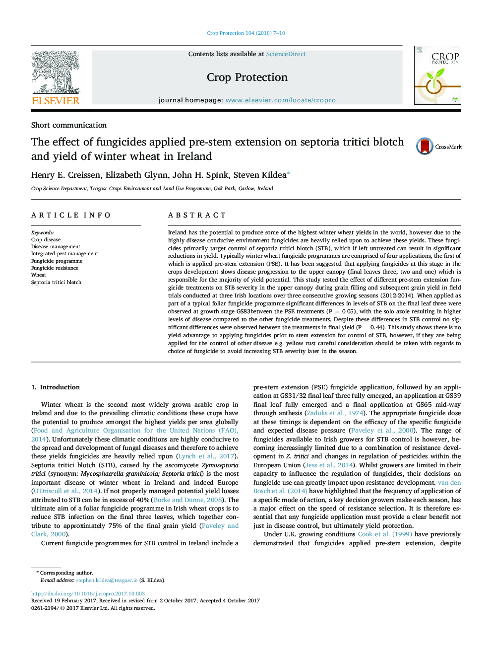 Short communicationThe effect of fungicides applied pre-stem extension on septoria tritici blotch and yield of winter wheat in Ireland