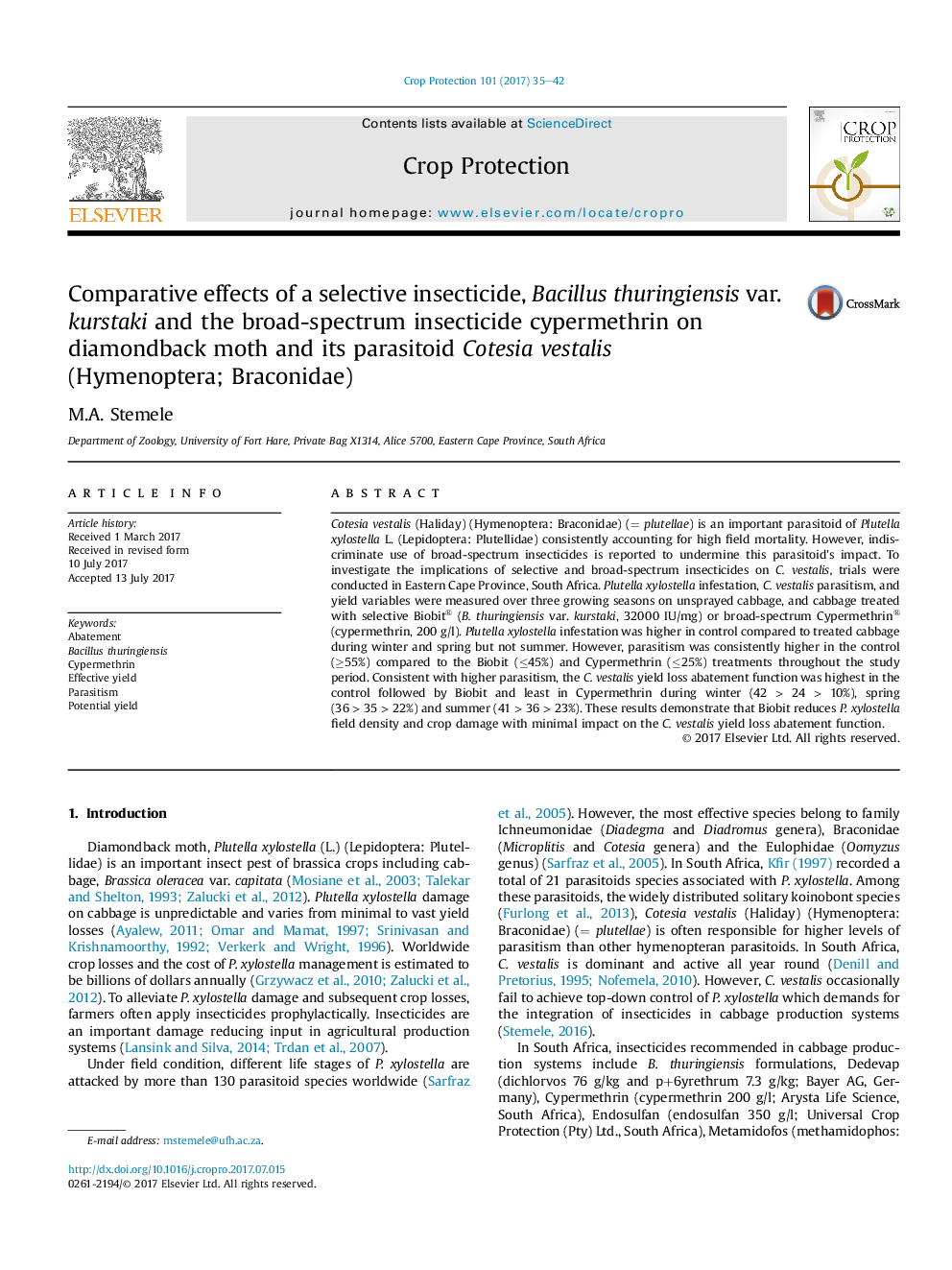 Comparative effects of a selective insecticide, Bacillus thuringiensis var. kurstaki and the broad-spectrum insecticide cypermethrin on diamondback moth and its parasitoid Cotesia vestalis (Hymenoptera;Â Braconidae)