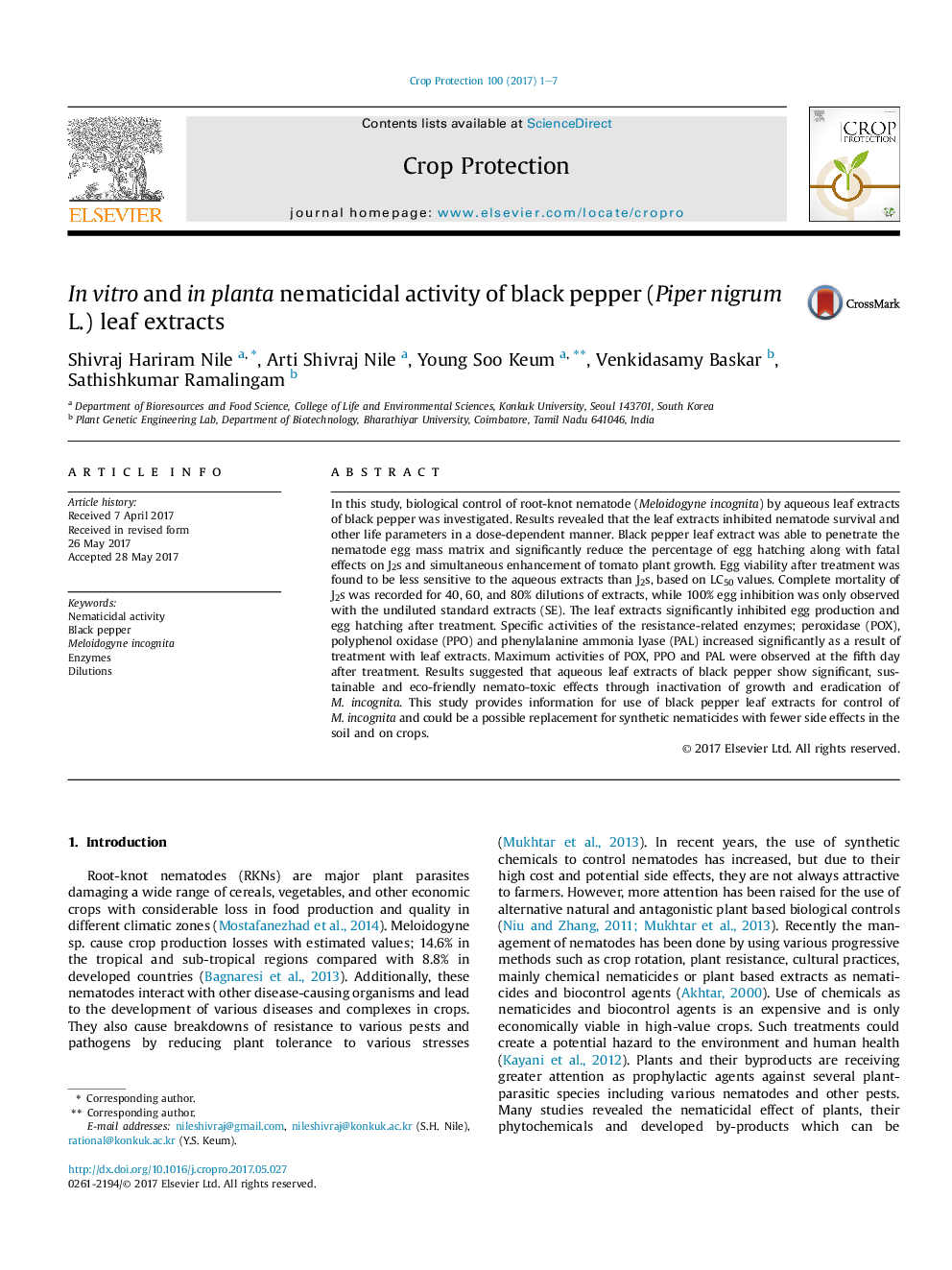 InÂ vitro and in planta nematicidal activity of black pepper (Piper nigrum L.) leaf extracts