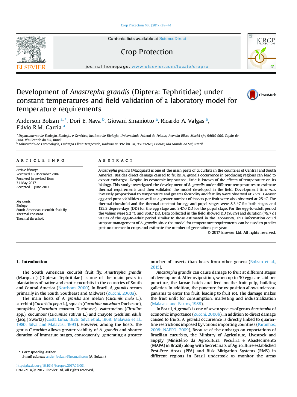 Development of Anastrepha grandis (Diptera: Tephritidae) under constant temperatures and field validation of a laboratory model for temperature requirements