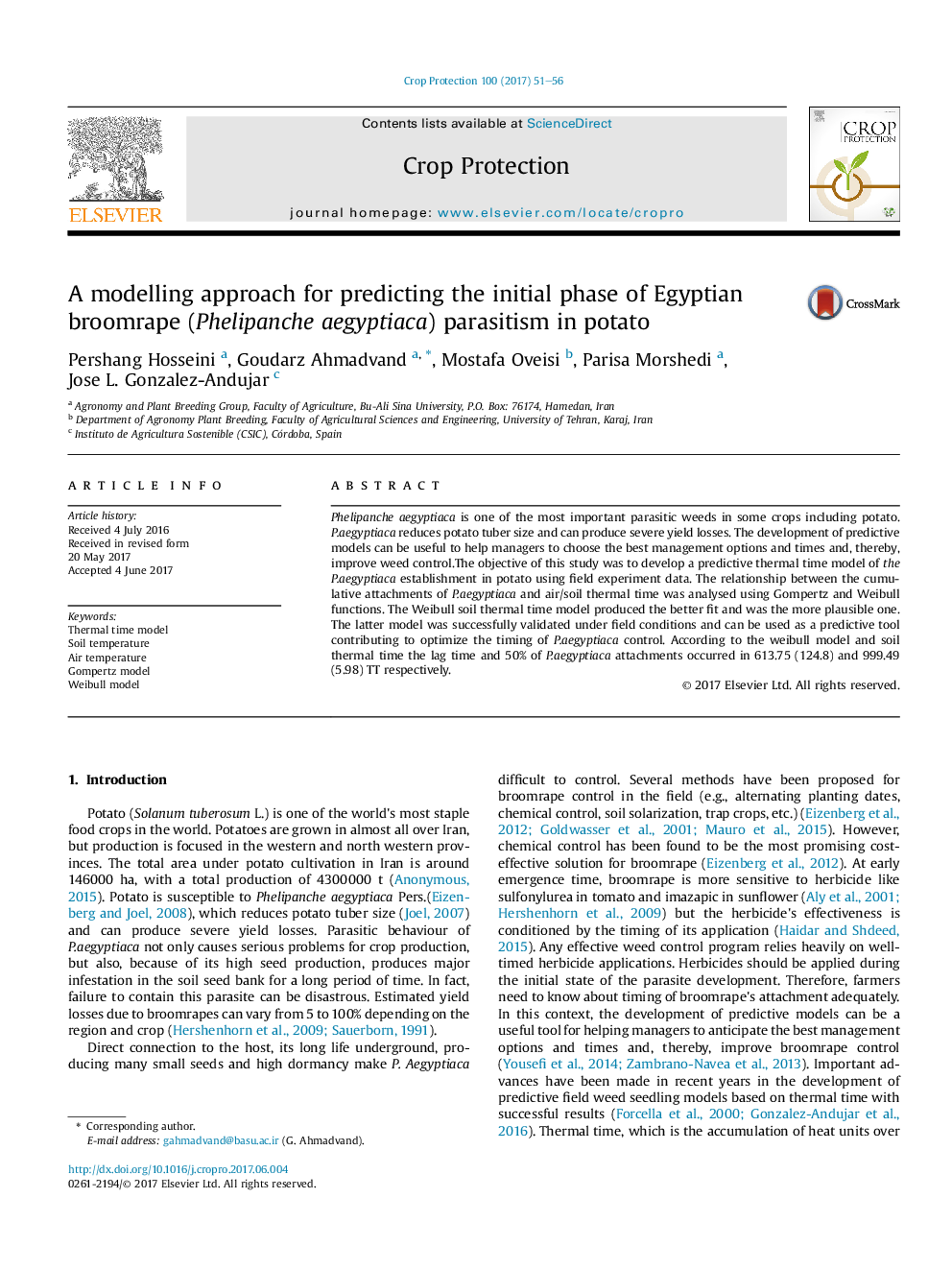 A modelling approach for predicting the initial phase of Egyptian broomrape (Phelipanche aegyptiaca) parasitism in potato