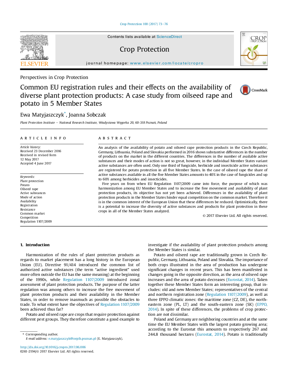 Common EU registration rules and their effects on the availability of diverse plant protection products: A case study from oilseed rape and potato in 5 Member States