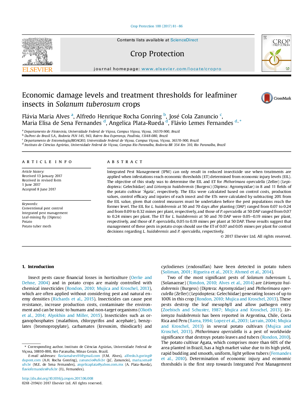 Economic damage levels and treatment thresholds for leafminer insects in Solanum tuberosum crops