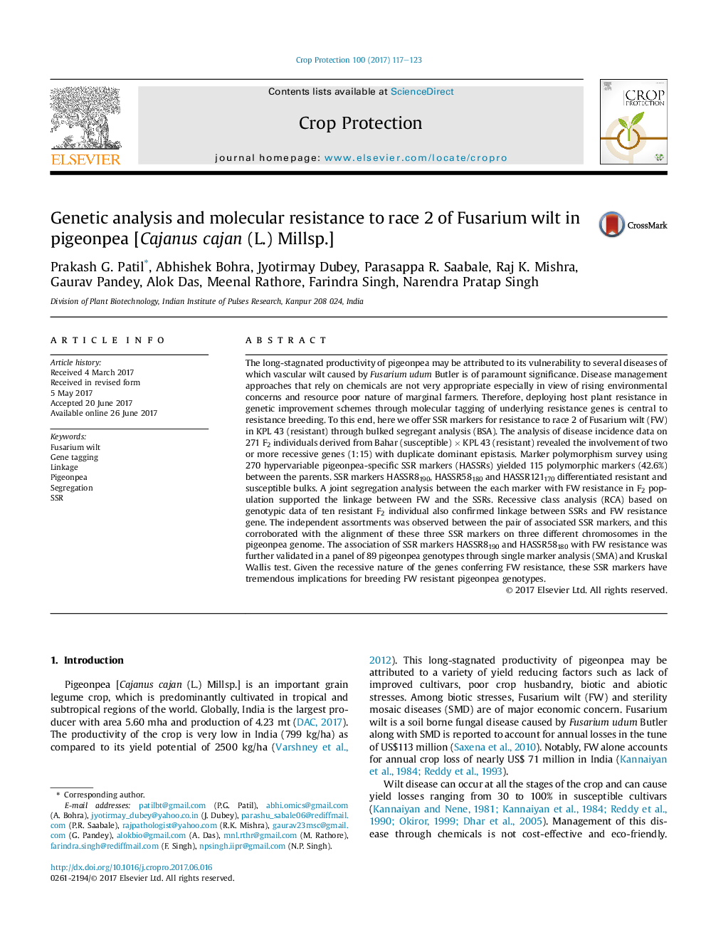 Genetic analysis and molecular resistance to race 2 of Fusarium wilt in pigeonpea [Cajanus cajan (L.) Millsp.]