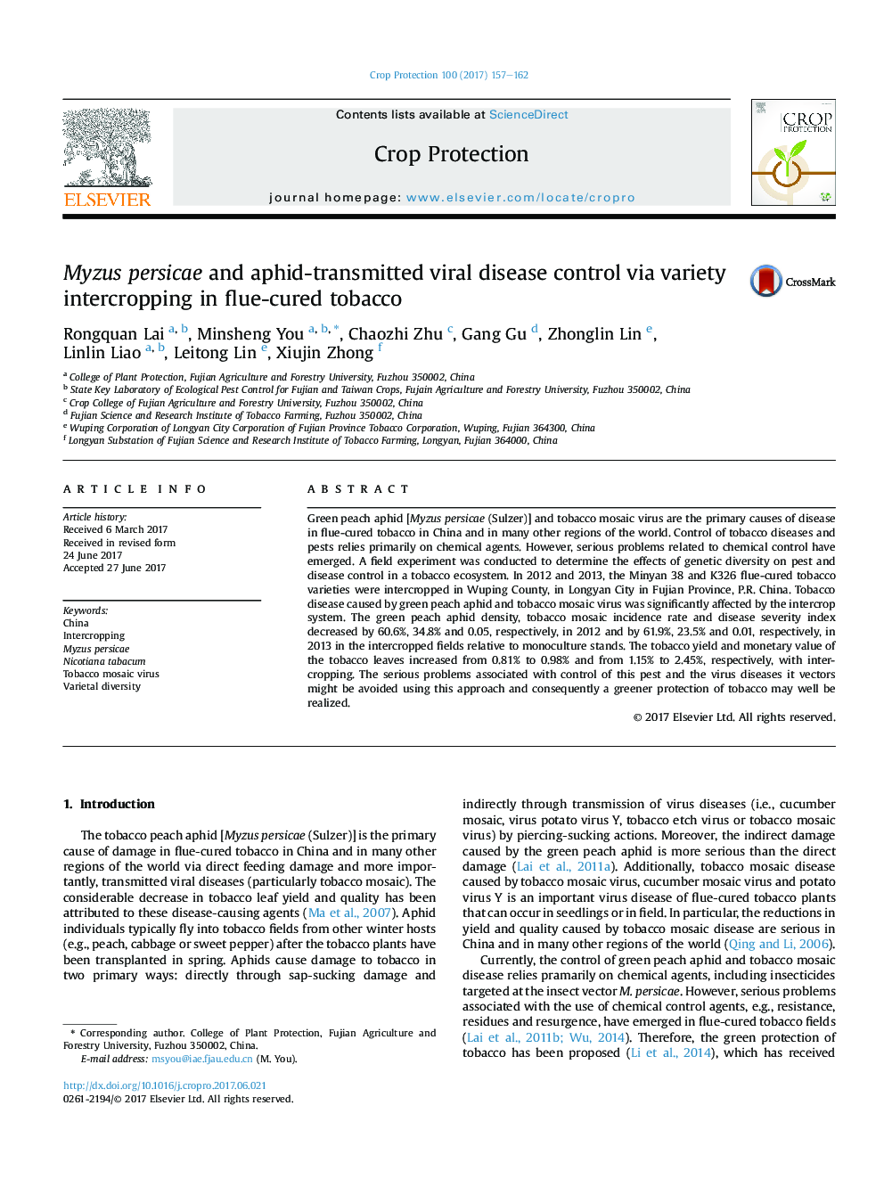 Myzus persicae and aphid-transmitted viral disease control via variety intercropping in flue-cured tobacco