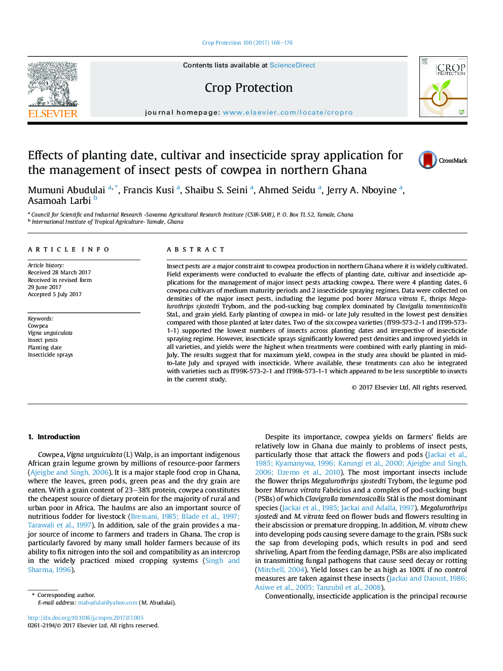 Effects of planting date, cultivar and insecticide spray application for the management of insect pests of cowpea in northern Ghana