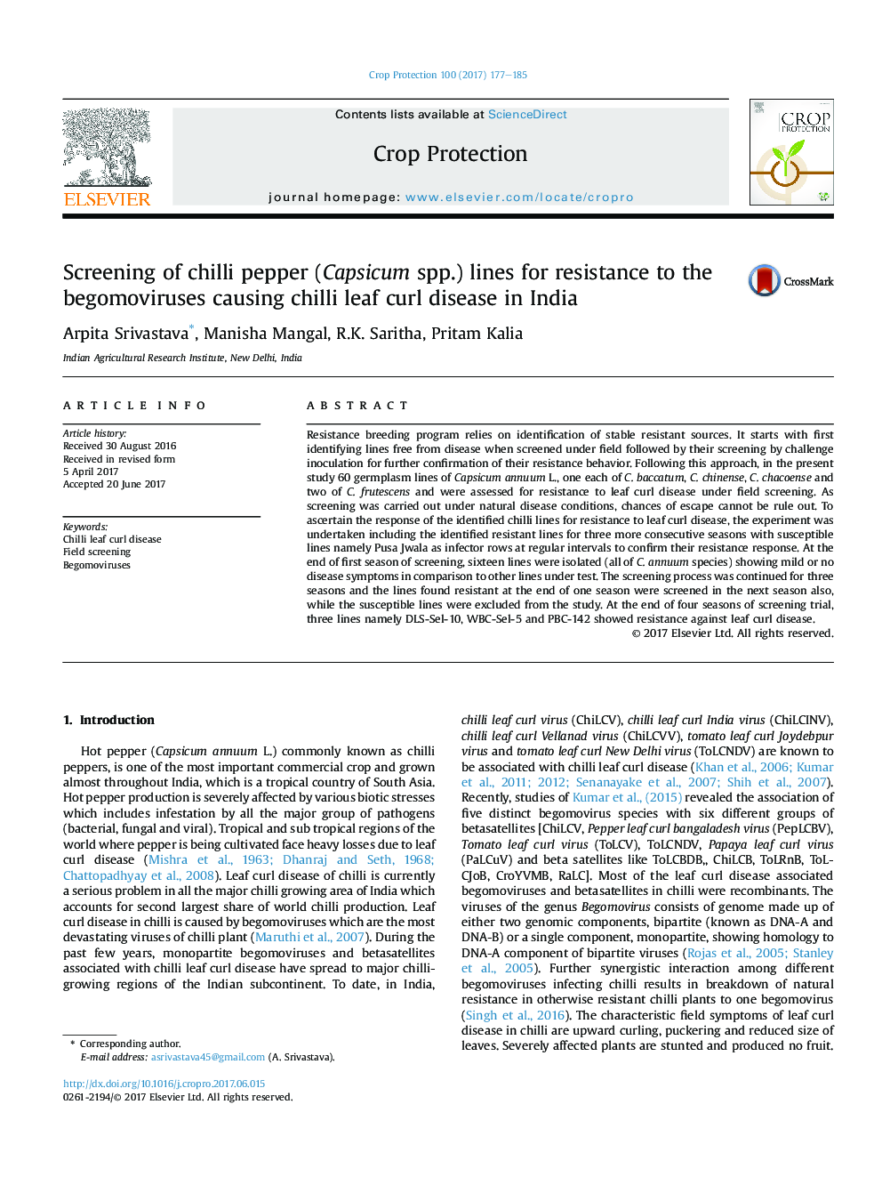 Screening of chilli pepper (Capsicum spp.) lines for resistance to the begomoviruses causing chilli leaf curl disease in India