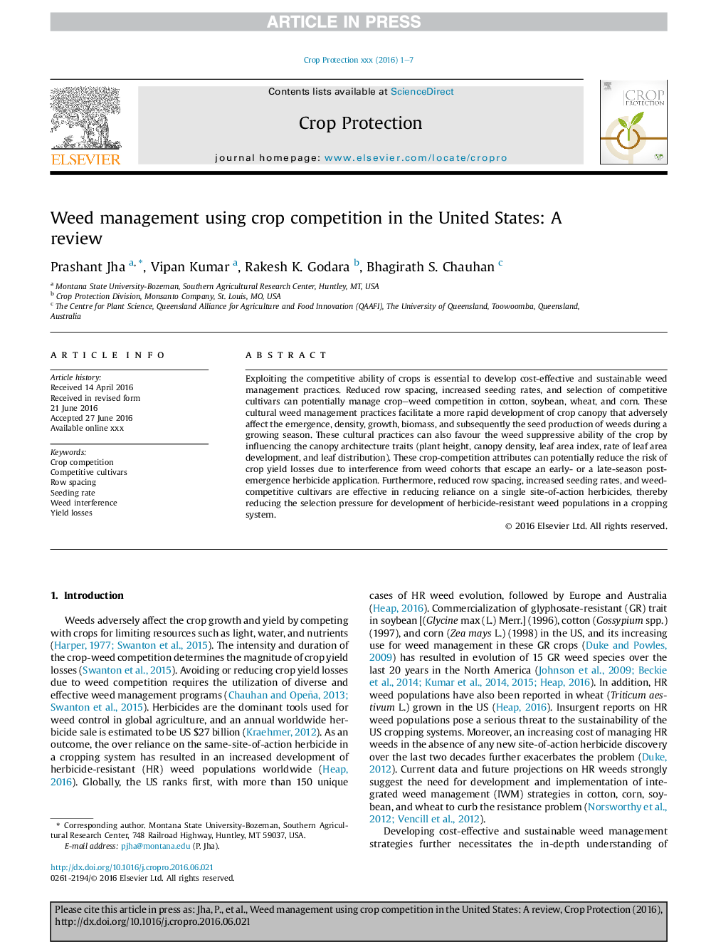 Weed management using crop competition in the United States: A review