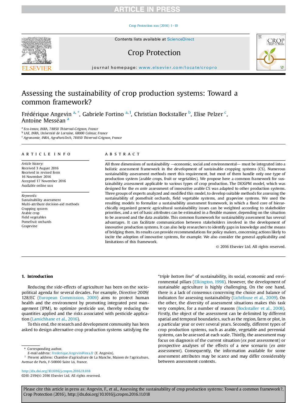 Assessing the sustainability of crop production systems: Toward a common framework?