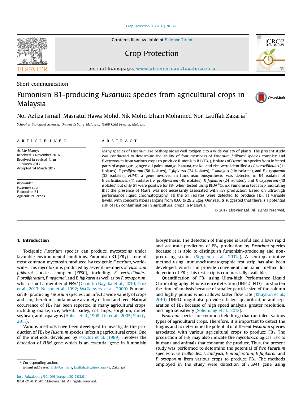 Fumonisin B1-producing Fusarium species from agricultural crops in Malaysia