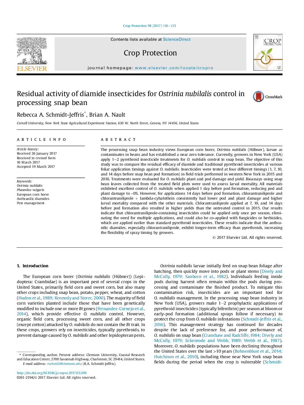 Residual activity of diamide insecticides for Ostrinia nubilalis control in processing snap bean