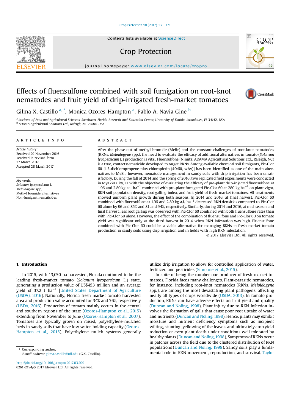 Effects of fluensulfone combined with soil fumigation on root-knot nematodes and fruit yield of drip-irrigated fresh-market tomatoes