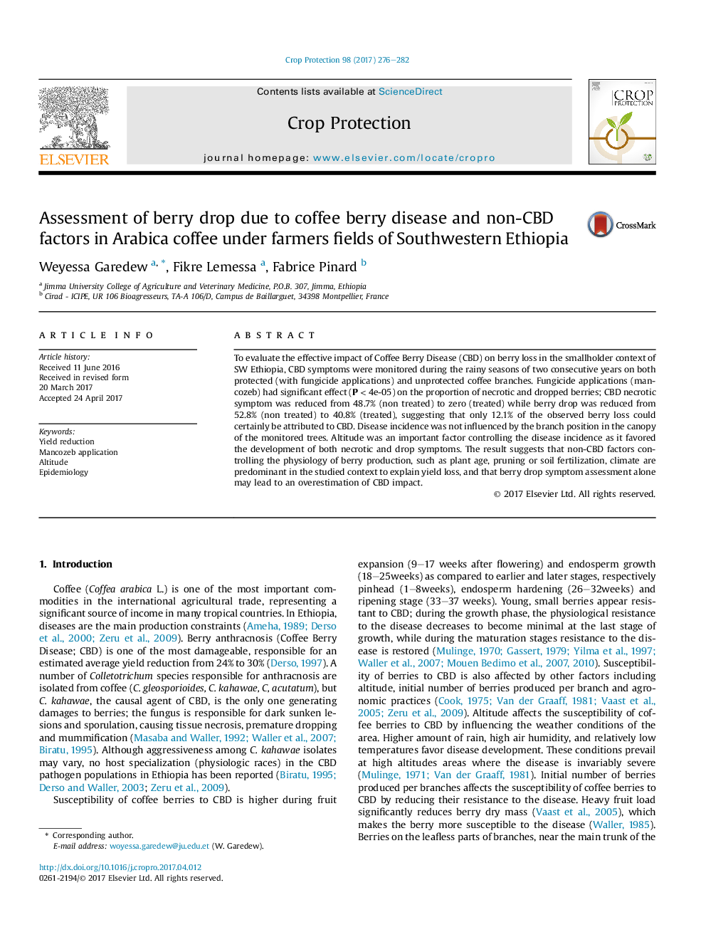 Assessment of berry drop due to coffee berry disease and non-CBD factors in Arabica coffee under farmers fields of Southwestern Ethiopia