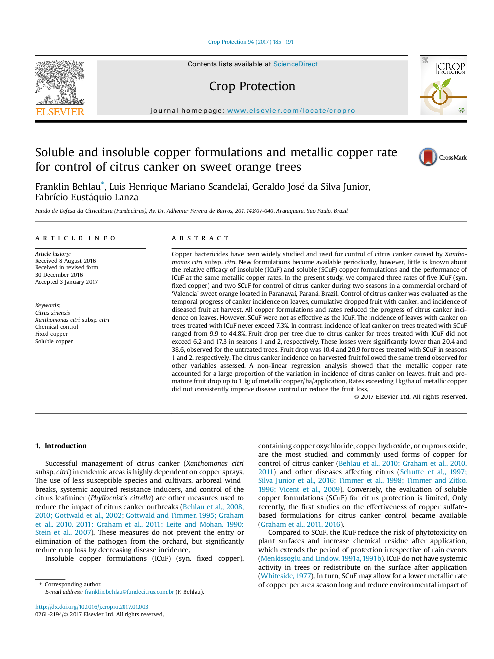 Soluble and insoluble copper formulations and metallic copper rate for control of citrus canker on sweet orange trees