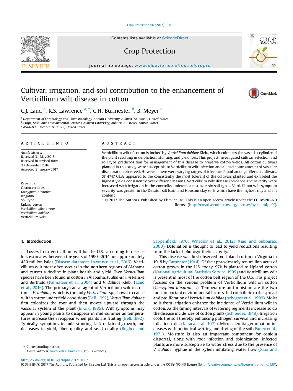 Cultivar, irrigation, and soil contribution to the enhancement of Verticillium wilt disease in cotton