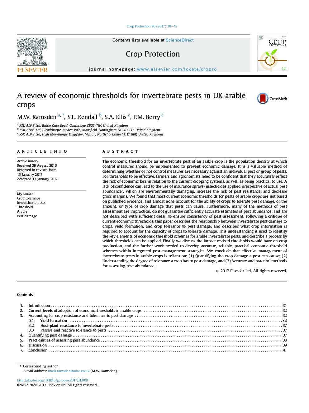 A review of economic thresholds for invertebrate pests in UK arable crops