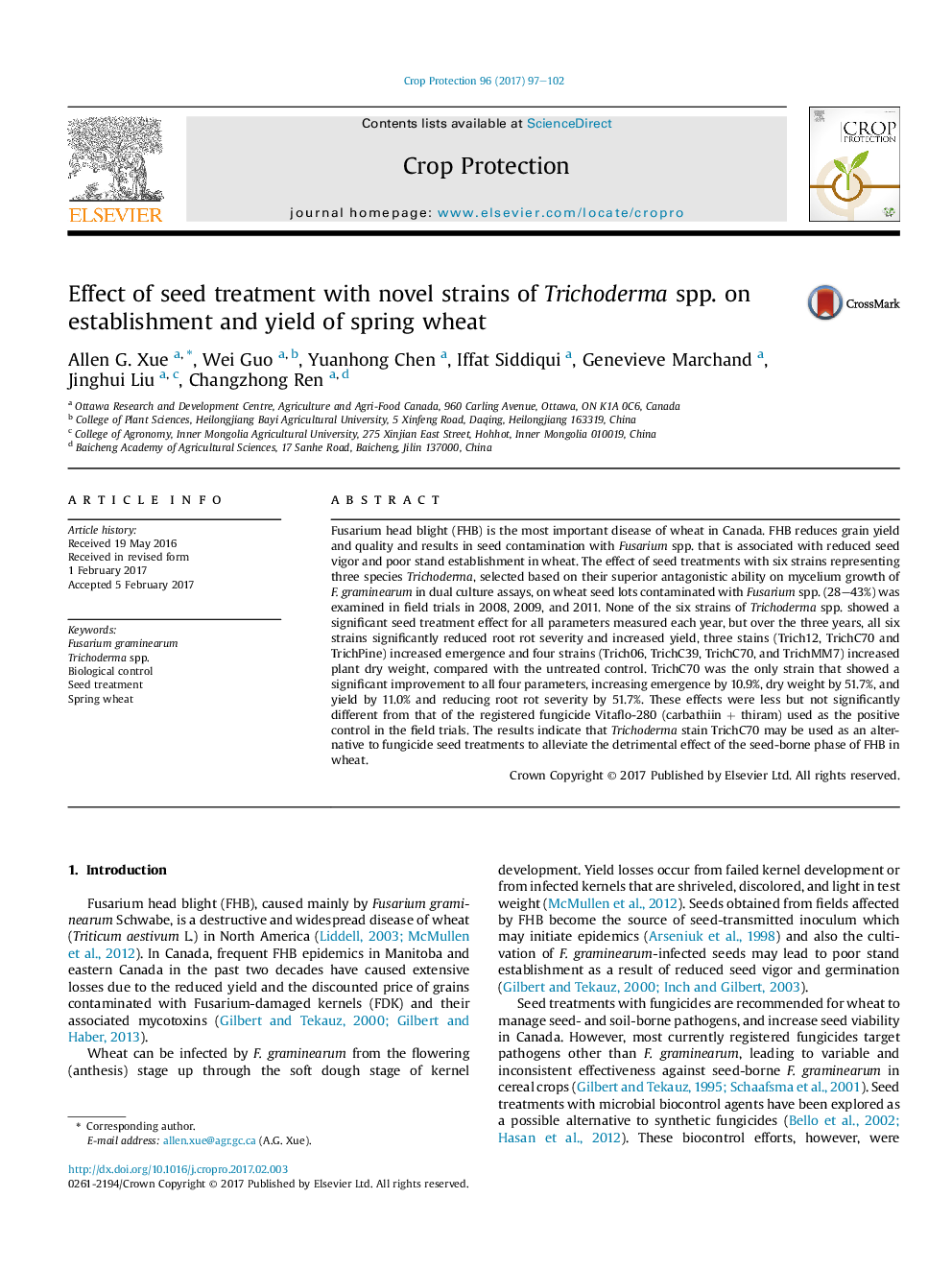 Effect of seed treatment with novel strains of Trichoderma spp. on establishment and yield of spring wheat