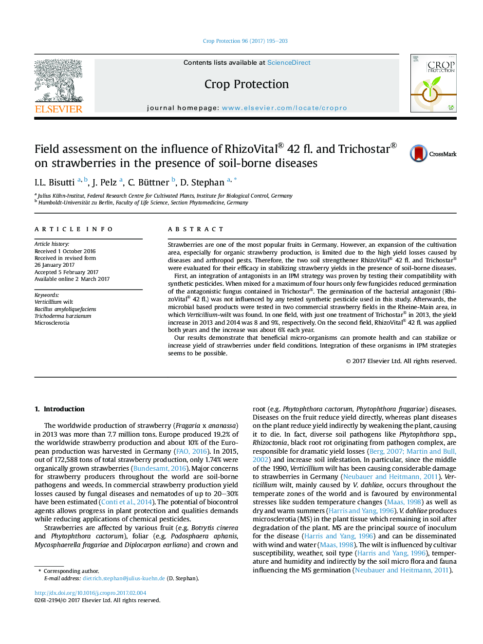 Field assessment on the influence of RhizoVital® 42 fl. and Trichostar® on strawberries in the presence of soil-borne diseases