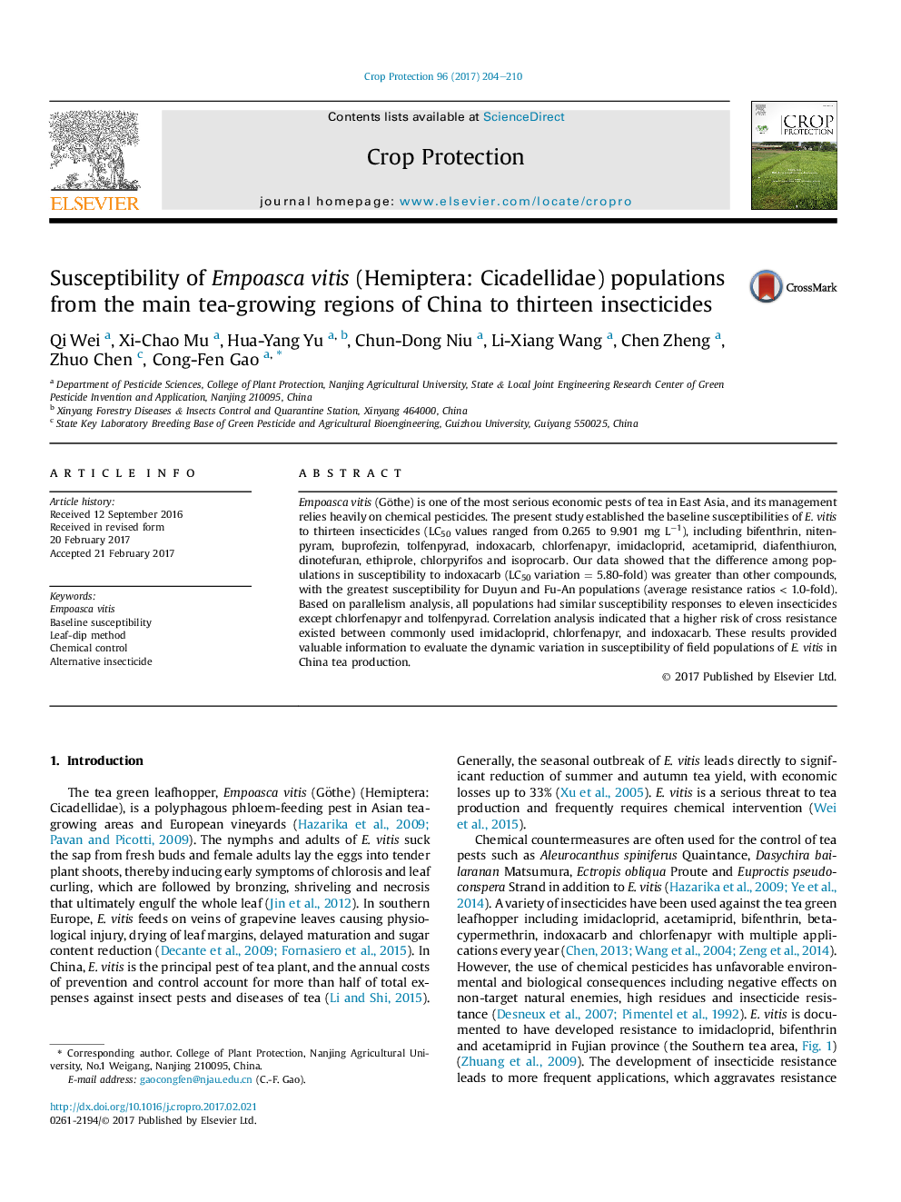 Susceptibility of Empoasca vitis (Hemiptera: Cicadellidae) populations from the main tea-growing regions of China to thirteen insecticides