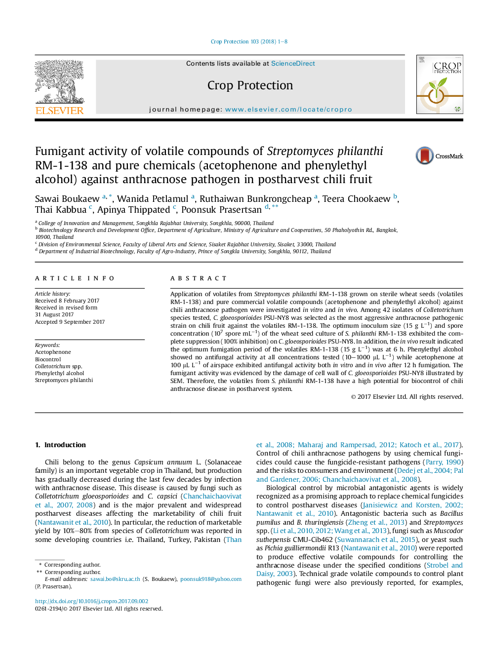 Fumigant activity of volatile compounds of Streptomyces philanthi RM-1-138 and pure chemicals (acetophenone and phenylethyl alcohol) against anthracnose pathogen in postharvest chili fruit