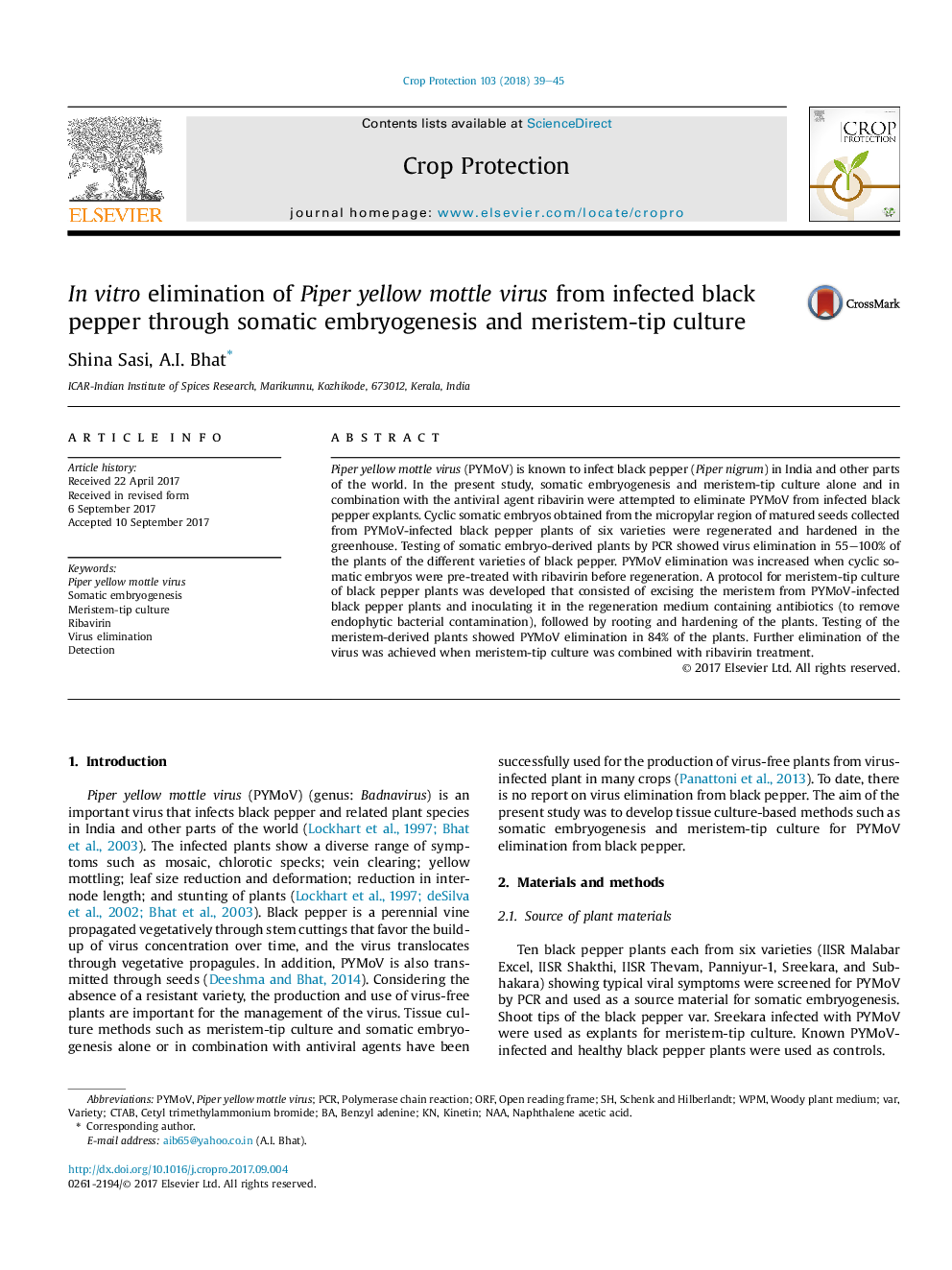 InÂ vitro elimination of Piper yellow mottle virus from infected black pepper through somatic embryogenesis and meristem-tip culture