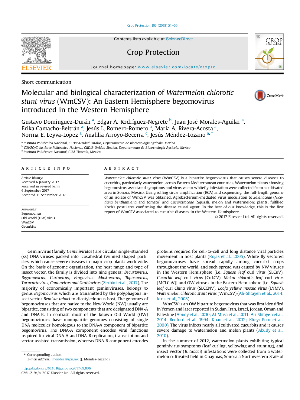 Molecular and biological characterization of Watermelon chlorotic stunt virus (WmCSV): An Eastern Hemisphere begomovirus introduced in the Western Hemisphere