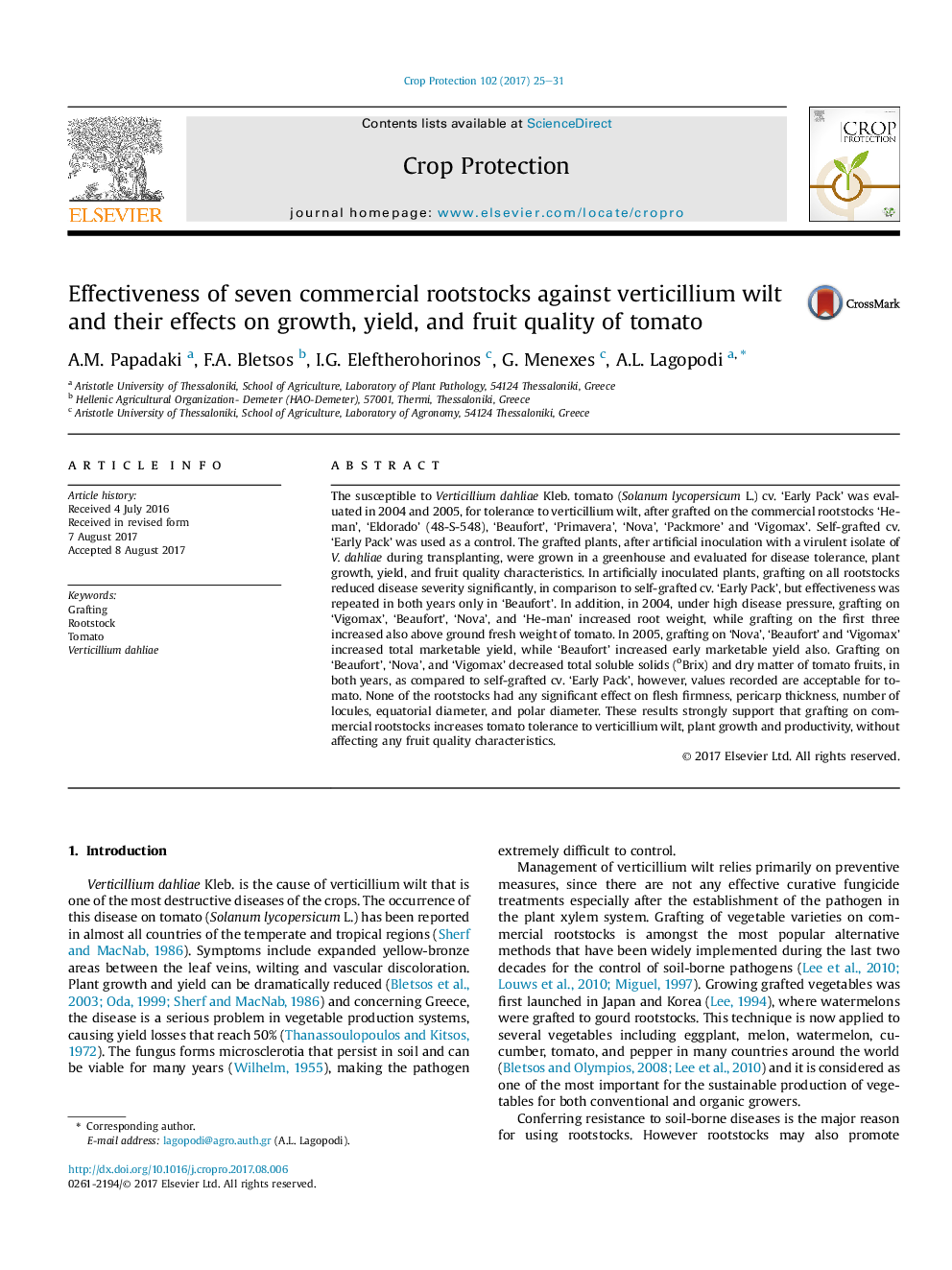 Effectiveness of seven commercial rootstocks against verticillium wilt and their effects on growth, yield, and fruit quality of tomato