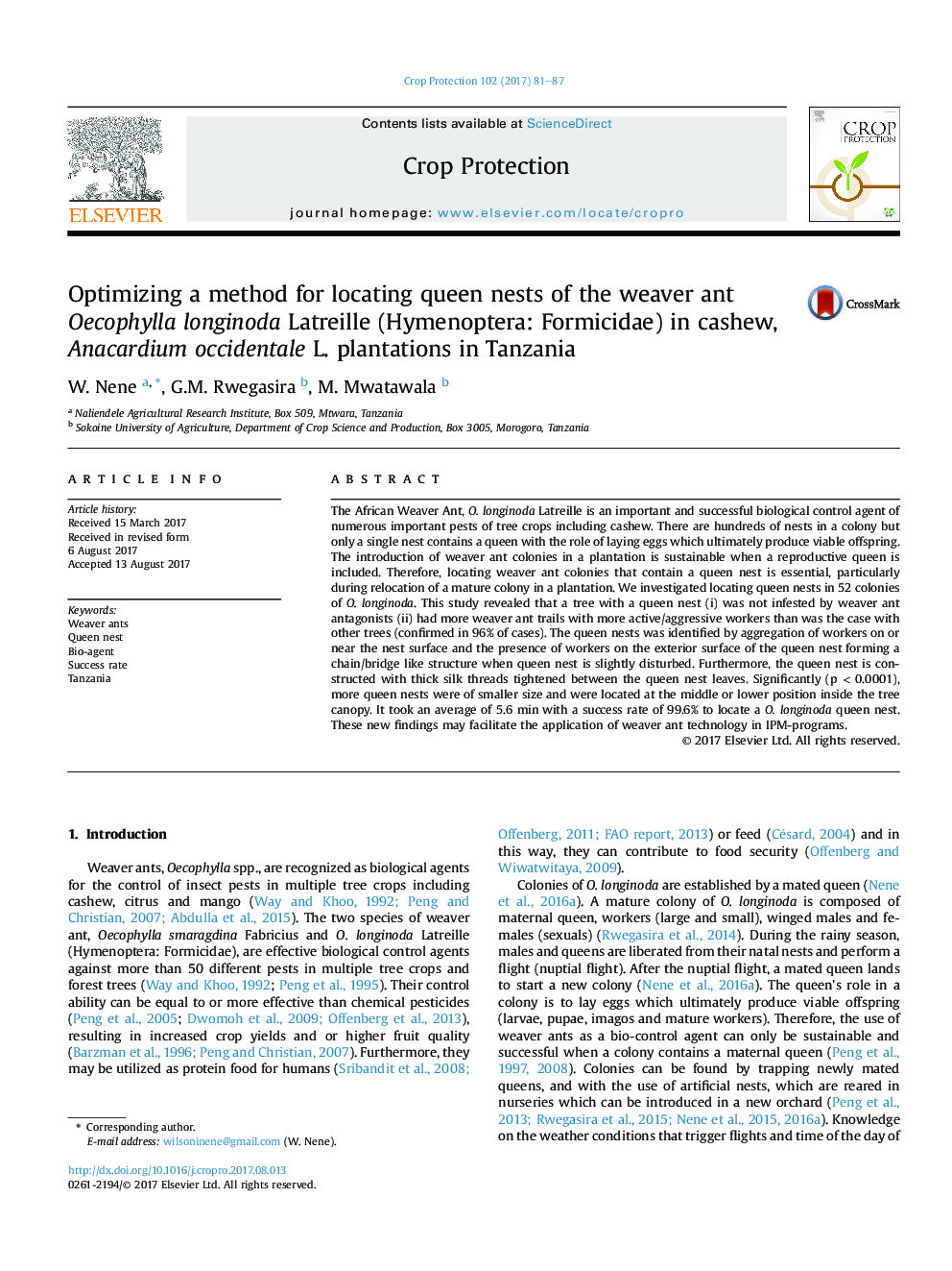 Optimizing a method for locating queen nests of the weaver ant Oecophylla longinoda Latreille (Hymenoptera: Formicidae) in cashew, Anacardium occidentale L. plantations in Tanzania