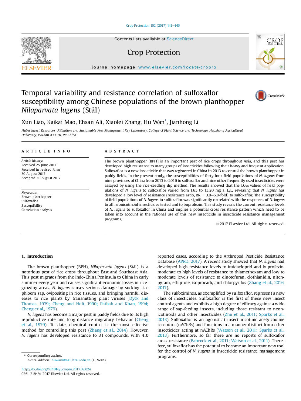 Temporal variability and resistance correlation of sulfoxaflor susceptibility among Chinese populations of the brown planthopper Nilaparvata lugens (StÃ¥l)