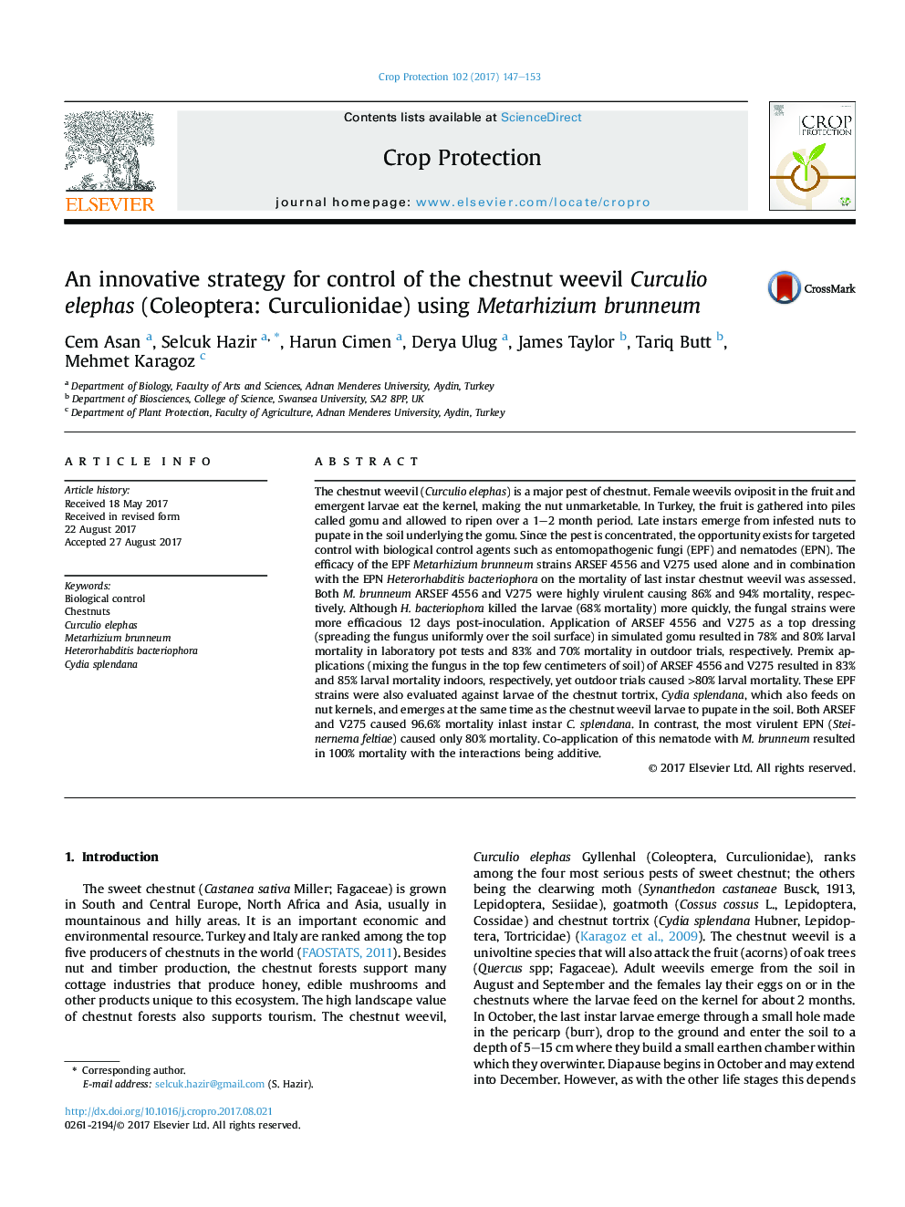 An innovative strategy for control of the chestnut weevil Curculio elephas (Coleoptera: Curculionidae) using Metarhizium brunneum