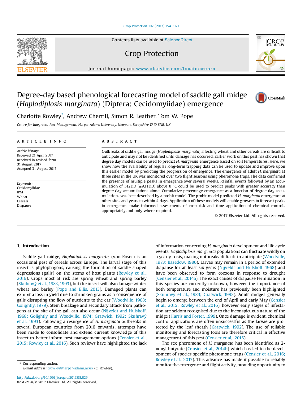 Degree-day based phenological forecasting model of saddle gall midge (Haplodiplosis marginata) (Diptera: Cecidomyiidae) emergence