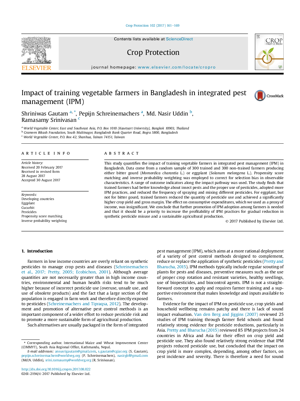 Impact of training vegetable farmers in Bangladesh in integrated pest management (IPM)