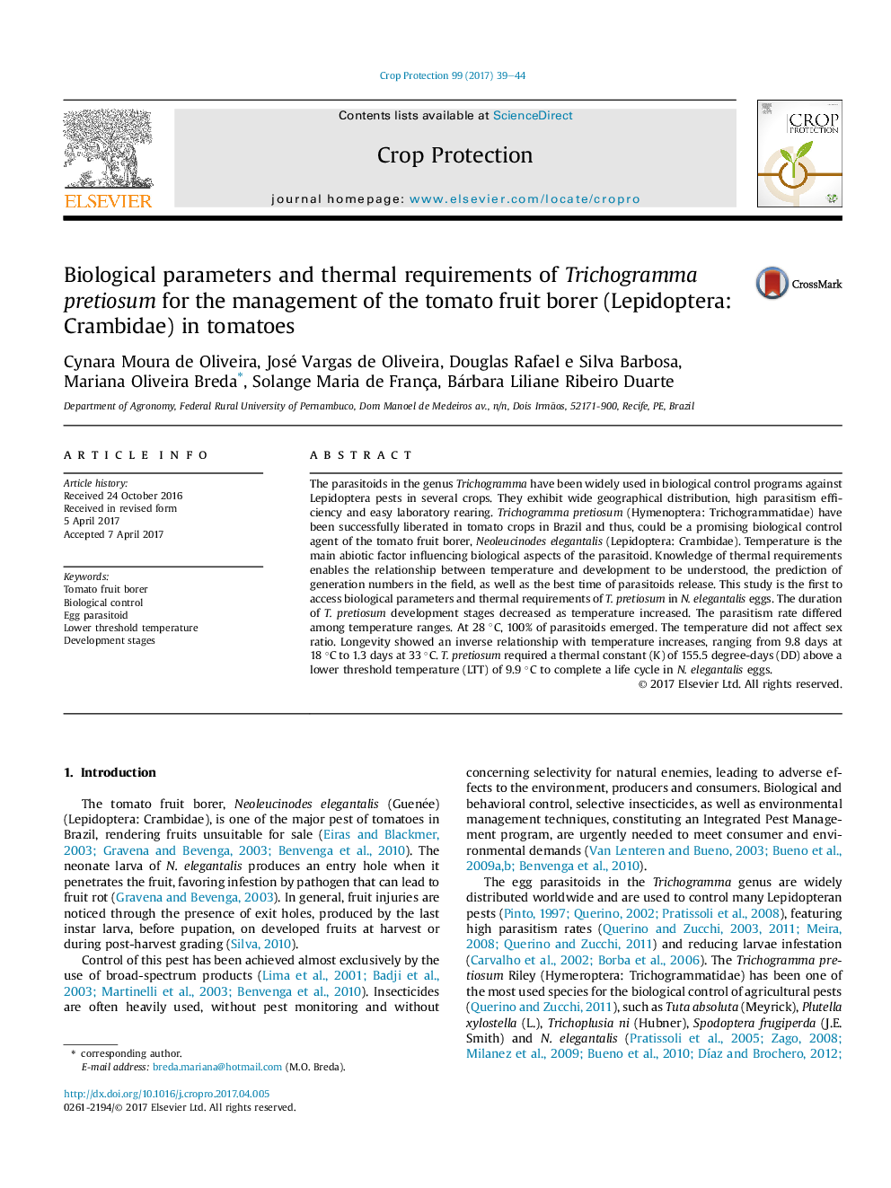 Biological parameters and thermal requirements of Trichogramma pretiosum for the management of the tomato fruit borer (Lepidoptera: Crambidae) in tomatoes