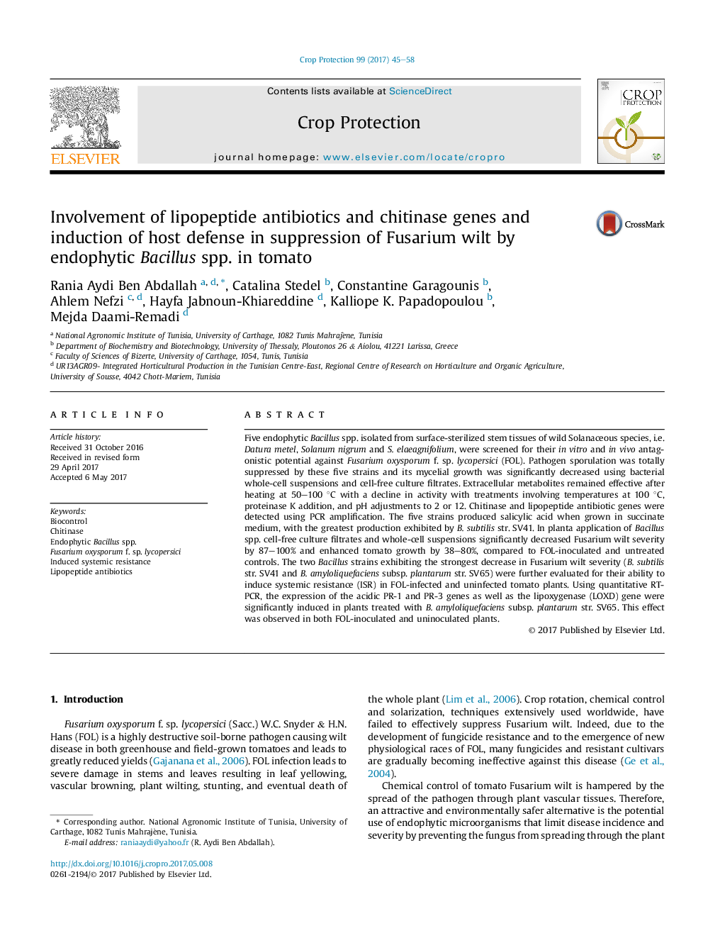 Involvement of lipopeptide antibiotics and chitinase genes and induction of host defense in suppression of Fusarium wilt by endophytic Bacillus spp. in tomato